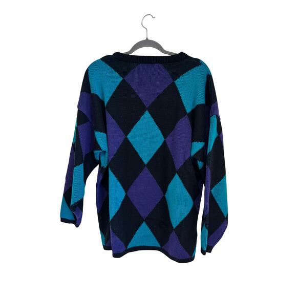 Vintage 90’s Michael Carrie Acrylic Black Purple Diamond Pullover Sweater - Picture 4 of 5